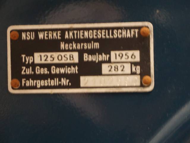 NSU Superfox - Das original Typenschild der 125...