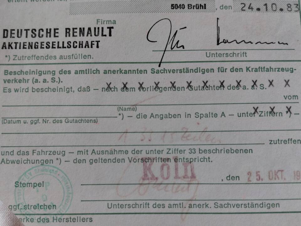 Das ist der original Typenschein bei der Auslieferung in Köln 1983
